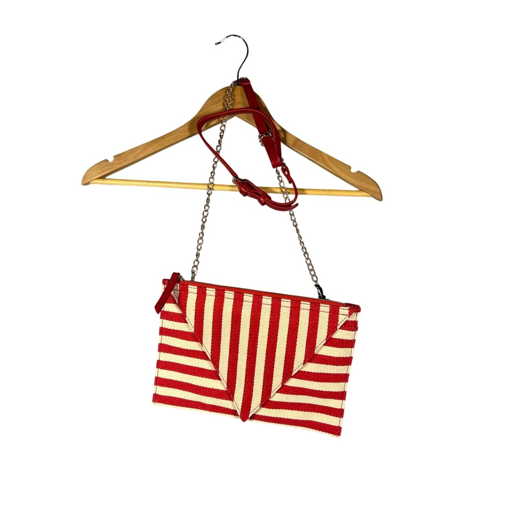 NWT Marie Le Gray Red White Stripe Canvas Zip Pouch Clutch Crossbody Bag MSRP 55